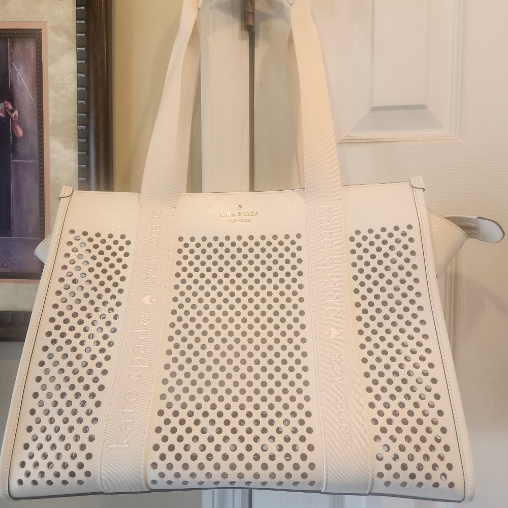 Kate Spade Cream Leather Ribbon Perforated Tote Bag NWT